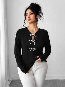 SHEIN Elenzya Áo thun bó eo cao cấp cổ tròn tay dài màu tương phản cỡ lớn dành cho nữ mặc thường ngày - Đen và trắng - Xem 3