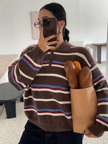 Dazy Plus 时尚条纹拼色 Polo 领宽松街头风格大码女式套头毛衣，秋冬 - 棕色 - 查看 1