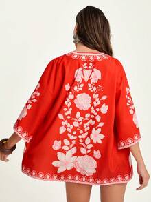 CAJUNI Women's Floral Print Open Front Loose Kimono Cover Up, Suitable For Summer Vacation,Christmas - Red and White - View 1