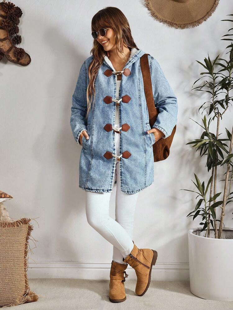 EMERY ROSE 女士秋冬长袖连帽牛仔外套，纽扣闭合，加厚牛仔面料，带保暖内衬 - 藍色 - 查看 8