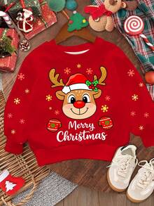 SHEIN Frohe Weihnachten, Lässig Minimalistischer Weihnachts-Pullover für Kleine Mädchen mit niedlichem Cartoon-Motiv des Rentiers mit roter Nase, buntem Polka-Punkt-Schneeflocken-Muster, in festlichem Rot, locker geschnittener Rundhals-Pullover aus bequemem Strick, geeignet für Herbst/Winter, passend für Weihnachten