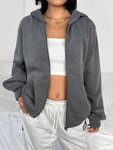 青少年女孩百搭休闲百搭运动日常高街超大号带口袋连帽夹克 - 深灰色 - 查看 5