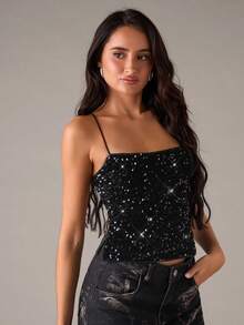 SHEIN BAE 秋冬夜店派对时尚性感黑色亮片吊带露背上衣，派对上衣，夜店上衣，冬季，新年，圣诞节，感恩节，闪亮黑色性感上衣 - 黑色 - 查看 5