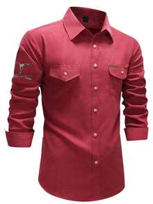 Manfinity Nomadique 男士西部牛仔风格休闲长袖衬衫 - 酒紅色 - 查看 3