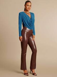 Silquee Olive Green Plunging Neckline Elegant Shoulder Pad Ruched Long Sleeve Bodysuit, Suitable For Dates, Outings, Weddings And Parties - Teal Blue - View 4