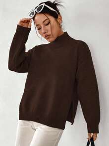 Chiquease Áo len cổ đứng xẻ tà màu trơn thường ngày cho nữ, Thu/Đông - Cà phê nâu - Xem 5