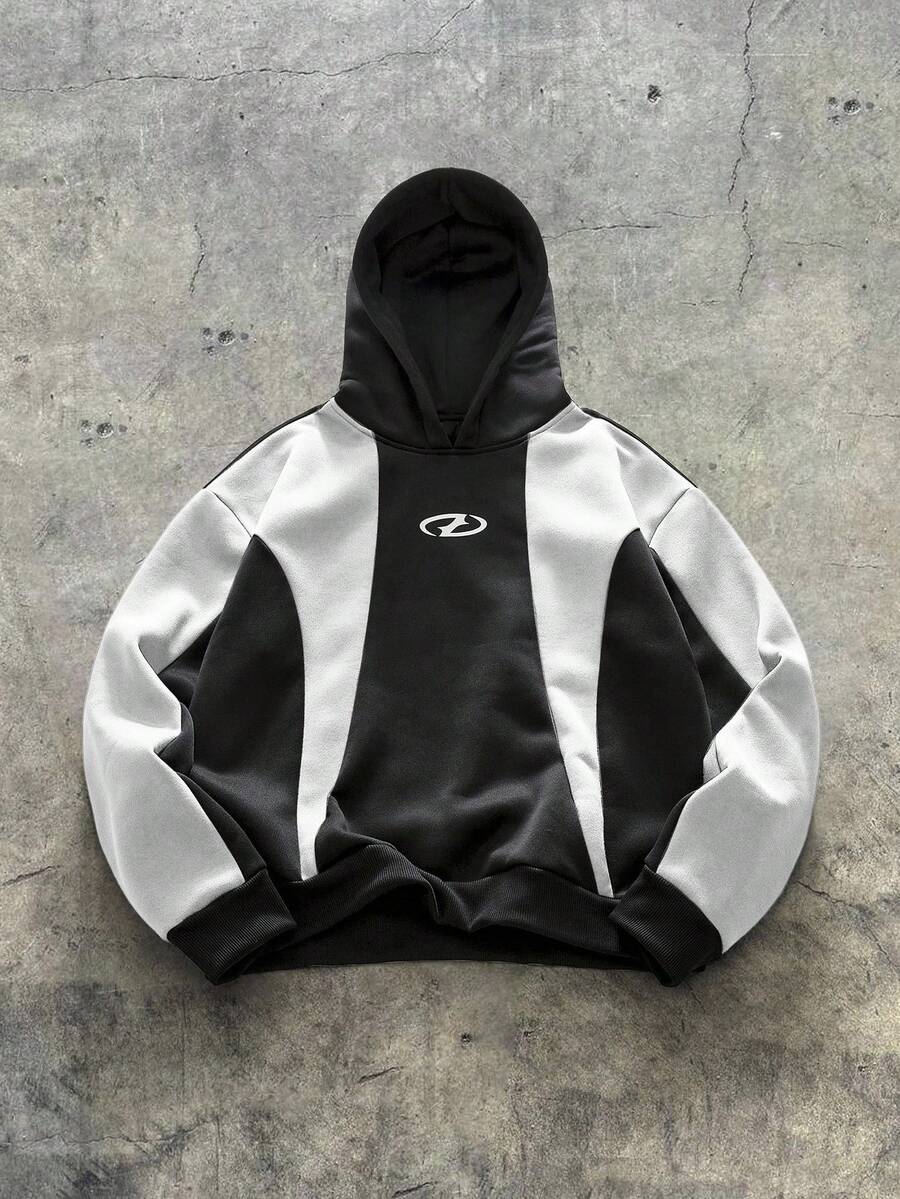 AXEPEAK Herren Kontrast-Farbblock Langarm Lässig Modisch Street Hoodie Sweatshirt - Weiss - Übersicht 1