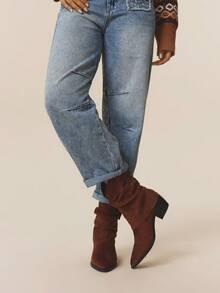 Styleloop 女士棕色尖头西部靴，高跟踝靴，绒面革宽松靴，经典复古风格，通勤必备，冬季防滑 - 駝色 - 查看 3