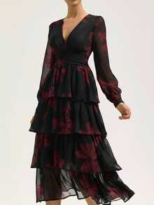 Revavyn 优雅淑女分层蛋糕连衣裙 V领雪纺拉丝印花长袖连衣裙/随机印花 - 彩色 - 查看 5