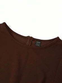 Ellevyn 优雅女士冬季黑色短袖拼接PU皮革拉链开衩紧身连衣裙 - 咖啡 - 查看 3