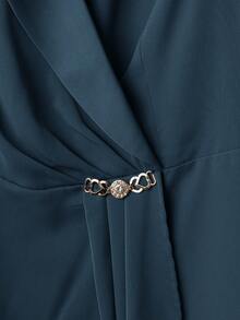 Modelyn Plus Size Solid Color Shawl Neck Long Sleeve Top And Elastic Waist Straight Leg Pants 2 Pieces Set - Blue - View 5