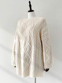 Auralis 大码女式秋冬时尚休闲宽松舒适日常柔软杏色扭结长袖套头毛衣，秋季，冬季，女式冬季毛衣 - 杏色 - 查看 3