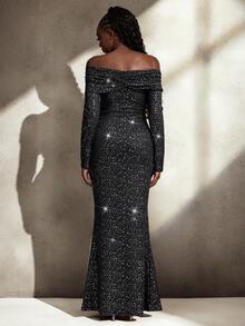 Cheriluna Maternity 孕妇写真连衣裙，长袖露肩双层设计，中后腰褶饰，修身金属面料长裙 - 黑色 - 查看 2