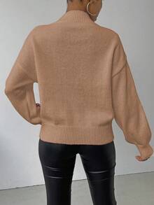 SHEIN LUNE 女式纹理落肩长袖休闲宽松针织毛衣，秋冬 - 薑色 - 查看 2
