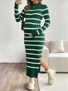 SHEIN Elegant Striped Fitted Ribbed Knit Sweater For Pregnant Women, Autumn/Winter Fall Maternity Dress Striped Maternity Dress Long Sleeve Maternity Dress Knit Midi Maternity Dress Maternity Bodycon Dress - Green - View 8
