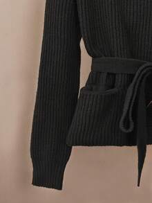 GlowEve Black Crew Neck Drawstring Waist Knit Cardigan For Women, Elegant Relaxed Fit Loose Sweater Top With Metal Button Decor, Suitable For Autumn/Winter