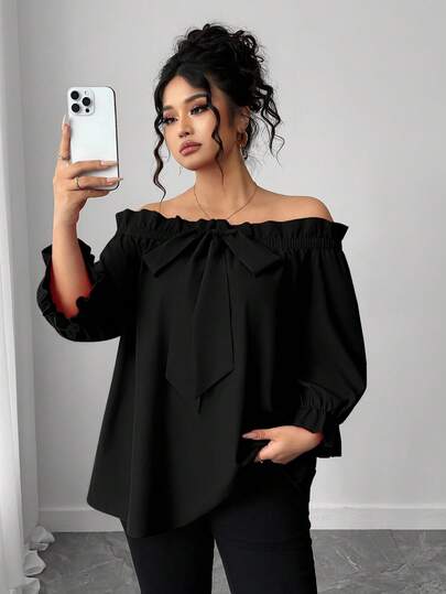 Elenzga Plus Size Women's Off Shoulder Mid-Sleeve Simple Fashion Blouse, Versatile For Daily Commute, Elegant And Fashionable