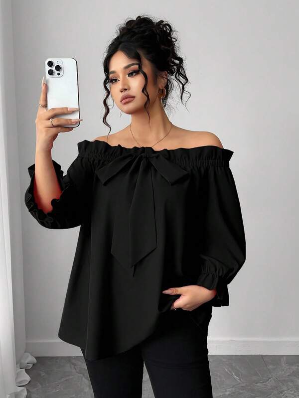 Elenzga Plus Size Women's Off Shoulder Mid-Sleeve Simple Fashion Blouse, Versatile For Daily Commute, Elegant And Fashionable