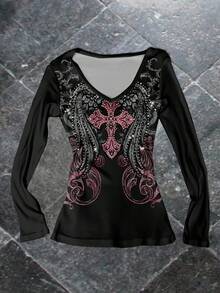 Attitoon Punk Wing Cross Pattern V-Neck Long Sleeve T-Shirt, Suitable For Women, Halloween, Y2K Style, Streetwear, Vintage, Back To School, Retro, Fall, Vacation, Casual Outfits, Autumn/Winter, Hip-Hop, Style Core Aesthetics, Gothic Cybersigilism