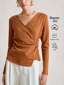 SHEIN Stylify 2025 Herbst Neuankömmling waschbare Merinowolle Überlappung V-Ausschnitt Strickpullover für Frauen, elegantes Design, modische Pendlerkleidung, Winterunterwäsche, geeignet für Familienfeiern, Weihnachten, Halloween, Valentinstag, Neujahr - Braun - Übersicht 3