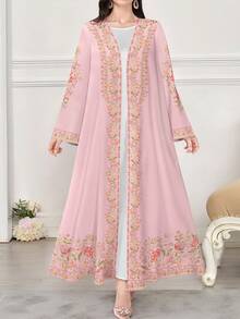 SHEIN Najma Women's Floral & Plant Digital Print Long Sleeve Casual Arabic Abaya, Spring/Autumn