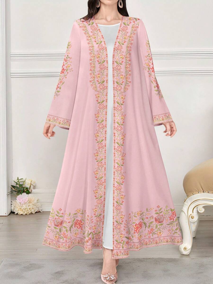 SHEIN Najma Women's Floral & Plant Digital Print Long Sleeve Casual Arabic Abaya, Spring/Autumn