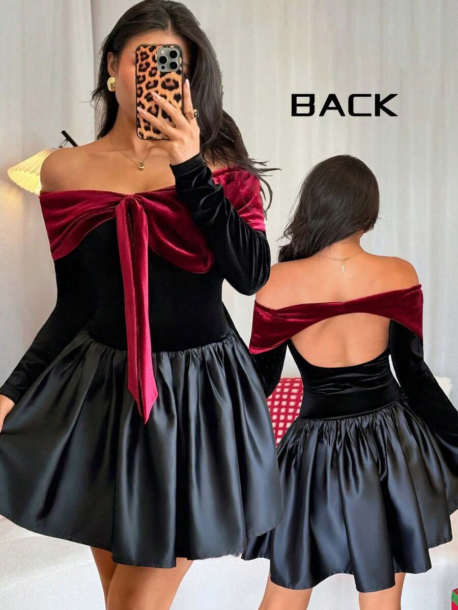 Chiquease Women's Color-Blocked Velvet Bow-Tie Off-Shoulder Hollowed-Out Short Dress,Elegant Black Autumn Banquet Christmas Clothing,Elegant Night Out Dress - Red and Black - View 1
