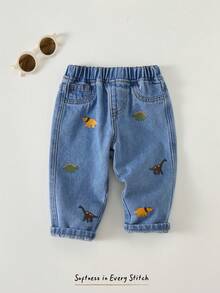 Cozy Pixies 男婴卡通恐龙图案松紧腰裤，百搭舒适 - 藍色 - 查看 7