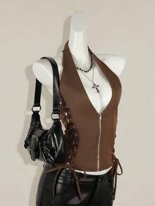 SHEIN ICON 夏季 Y2K V 领外出演唱会女式演唱会黑色哥特性感索环纯色时尚侧交叉带露背背心，夏季 - 棕色 - 查看 6