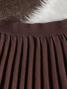 Sparklyn 棕白相间柔软舒适弹力宽松针织毛衣套装，适合居家、度假、新年、圣诞节、万圣节派对、返校季穿着。儿童两件套裙装，青少年百褶裙套装，秋冬女童服装裙装套装。 - 卡其色 - 查看 7