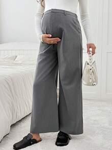 SHEIN Maternity Casual Everyday Commute Solid Color Zip Fly Loose Wide Leg Pants - Dark Grey - View 4