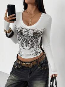 StreetHx Women's Gothic Style Wing Print Punk Y2K Casual Crop Top, Spring/Summer