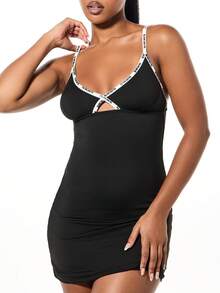 SUMWON WOMEN Branded Elastic Cami Bodycon Mini Dress With Cross Front Detail - Black - View 1