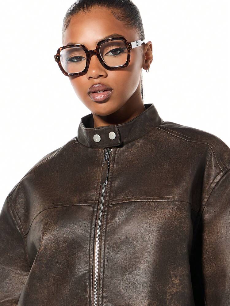 SUMWON WOMEN Oversized Brown Leather Biker Jacket With Stand Collar