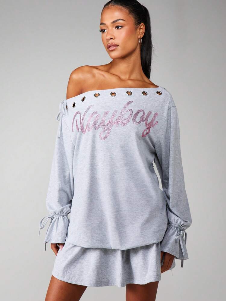 Missguided x Playboy Off Shoulder Mini Dress With Long Sleeves Rhinestone Print And Tie Cuff Details