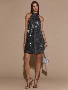 SHEIN BAE Minimalist High-End Backless Criss-Cross Apricot Mini Pleated Dress, Party Dresses For Women, Club Outfits Women Sexy - Silver - View 4