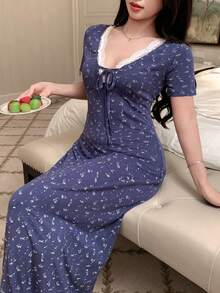 DAZY Floral Contrast Lace Trim Waist Maxi Nightgown For Women - Navy Blue - View 3