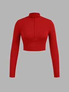 SHEIN EZwear 3pcs Women Zip-Up Ribbed Fabric Mock Neck Long Sleeve T-Shirt Set, Suitable For Spring & Autumn