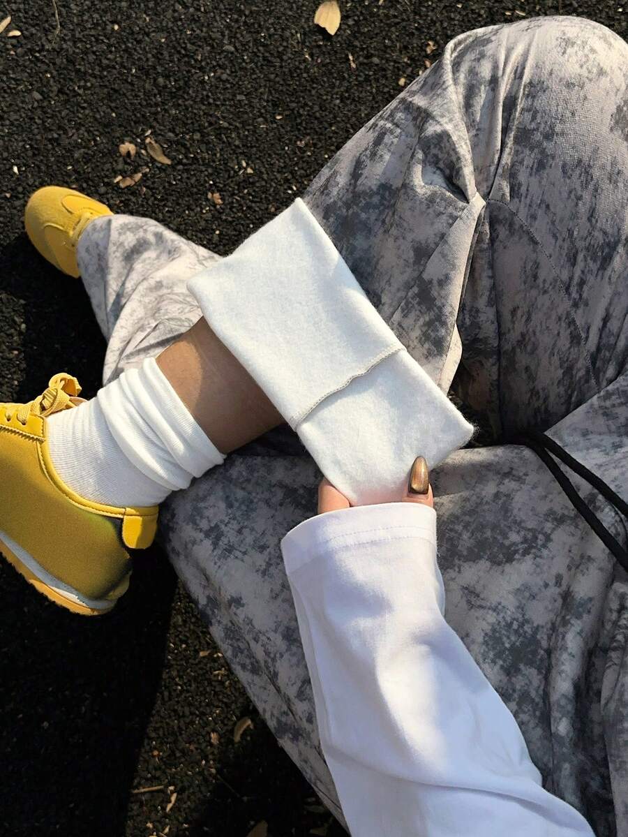 Dazy Plus Asymmetrische Batik-Elastikbund Kordelzug Loose Street Style Große Größen Frauen Plissee Lang Jogginghose - Grau - Übersicht 1