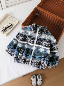 SHEIN Infant/Toddler Boys' Geometric Pattern Fleece Zip-Up High Collar Jacket, Suitable For Daily Wear, Outings, And Travel - Multicolor - View 3