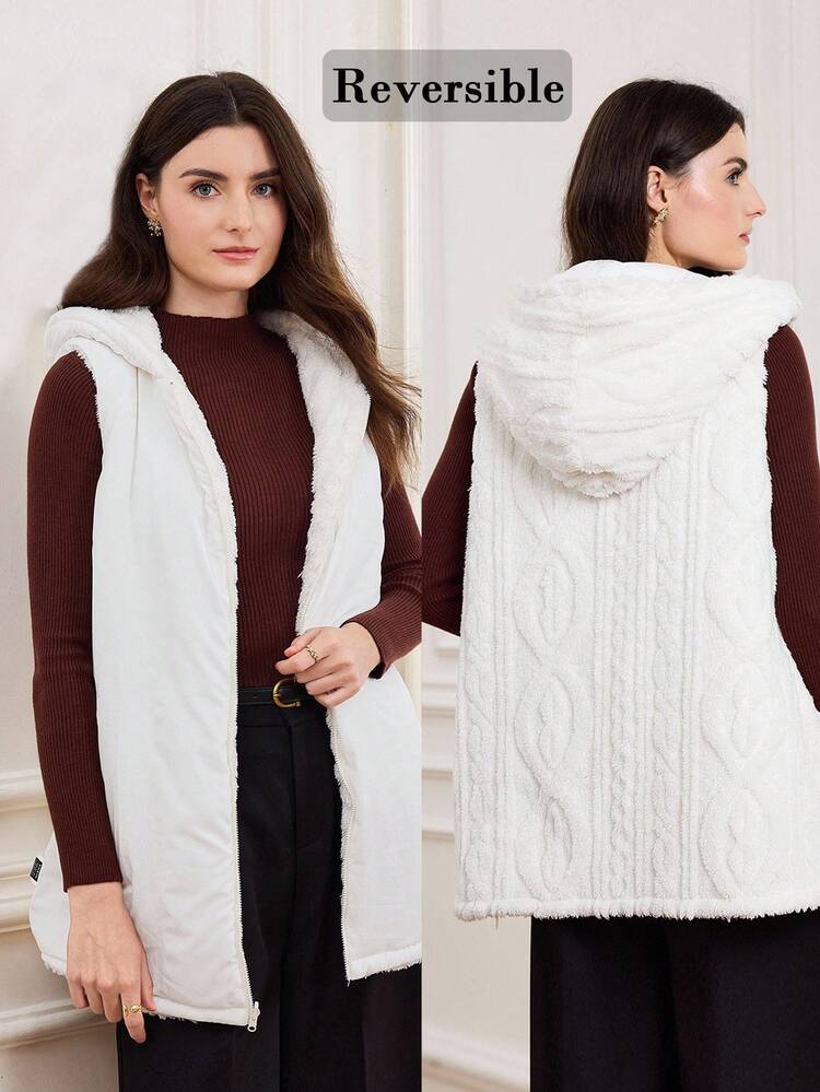 Autumn And Winter Women's Hooded White Fleece Jacket, Reversible Casual Jacket, Warm Top For Going Out,Zip Hooded