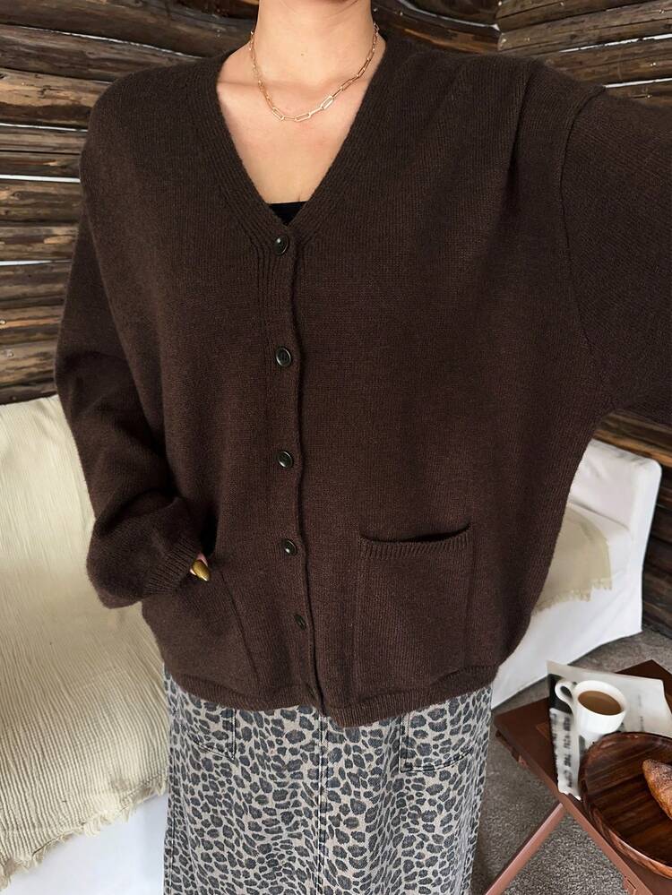 Dazy Plus Plus Size Women V-Neck Loose Casual Solid Color Open Front Cardigan Sweater With Pockets, Autumn/Winter
