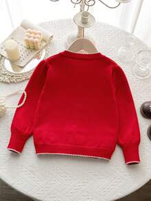 Elladie kids 4-7 Years Old Girls Red Knitted Cardigan, Featuring Elegant Black Bow Embroidery, Contrast Trim Design, Cute And Stylish For Holiday Celebrations Or Everyday Wear Fall Winter - Red - View 2
