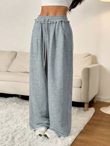SHEIN PETITE 女士夏季街头服饰外出休闲运动基本款法式灰色松紧腰带直筒宽松裤 - 灰色 - 查看 8