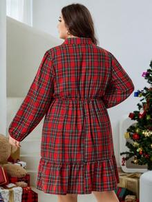 SHEIN CURVE+ Plus Size Plaid Shirt Dress, Red Christmas Holiday A-Line Loose Skirt Plus Size Christmas Red Plaid Dress Plus Size - Red - View 2