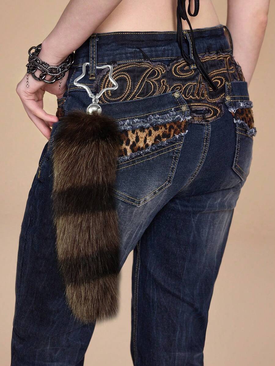 ROMWE Goth 1件装 时尚复古风 优雅可爱 仿毛皮棕色条纹逼真狐狸尾巴钥匙扣/钥匙圈，女士配饰，适合日常使用和送礼 - 棕色-2 - 查看 1