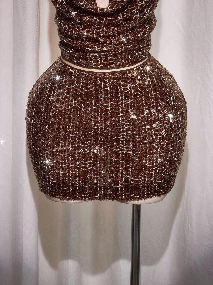SHEIN ICON Váy ngắn bodycon lấp lánh kim sa cỡ lớn, váy dự tiệc lấp lánh - Màu Đỏ Sâu - Xem 1