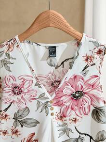 EMERY ROSE Summer Leisure Pleated Button Decorated Asymmetrical Hem Flower Print Tank Top - Multicolor - View 3