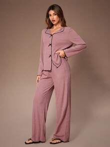 SHEIN 女士罗纹磨毛V领蝴蝶结长袖长裤睡衣套装，秋冬曲线睡衣套装，女士长袖睡衣两件套，舒适睡衣套装，长袖家居服套装，秋季服装 - 藕粉色 - 查看 3