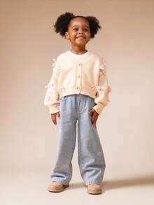 SUMWON Young Girl Cropped Button Front Cardigan With Bow Decorations For Fall Winter Casual School - Apricot - View 3